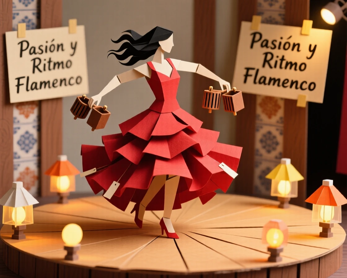 A vibrant flamenco dancer mid-twirl in a flowing red dress, castanets in hand, warm stage lighting emphasizing her passionate movement, evoking cultural pride and rhythm.