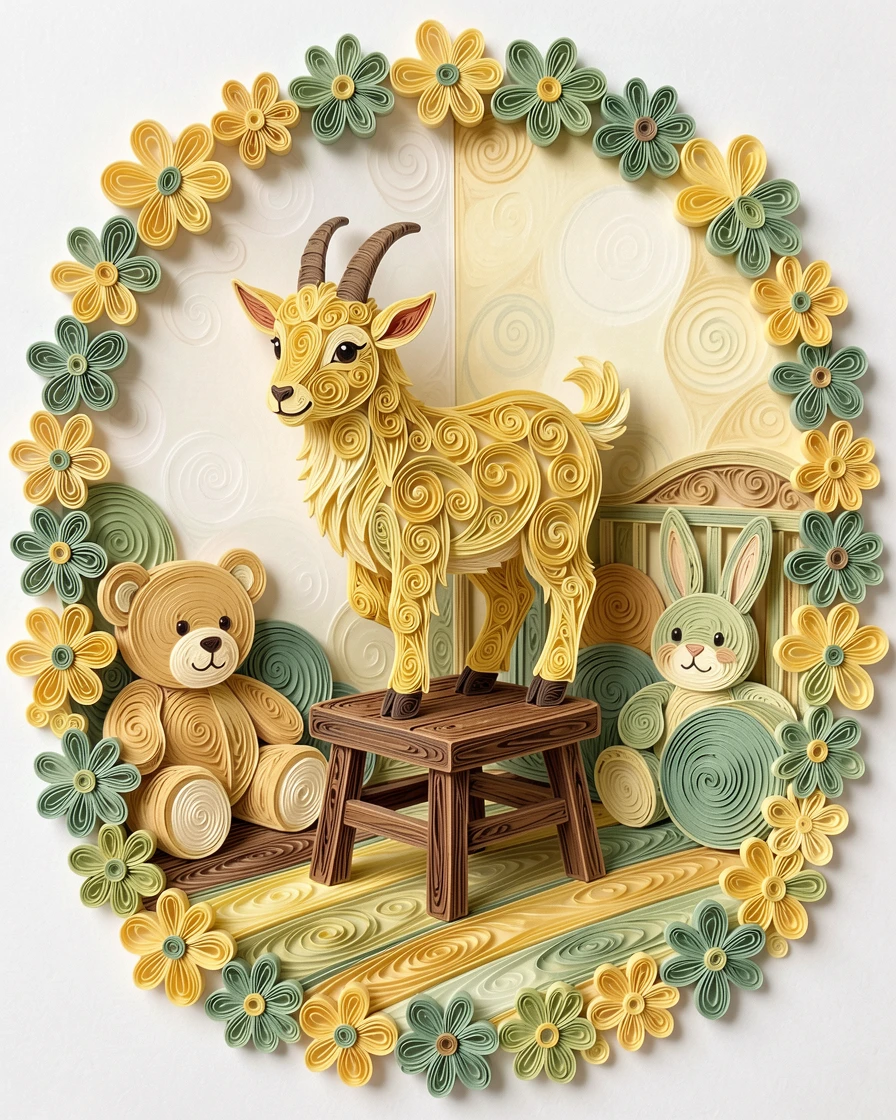 A heartwarming scene of a baby goat balancing on a small wooden stool in a cozy nursery filled with soft toys, surrounded by a loose border of small flowers, in a palette of buttery yellow and sage green.