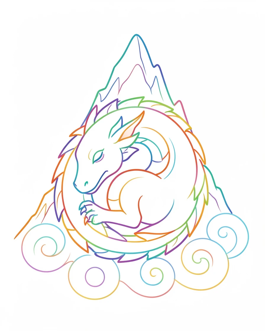 An ancient dragon sleeping curled around a mountain peak, mist swirling below.
