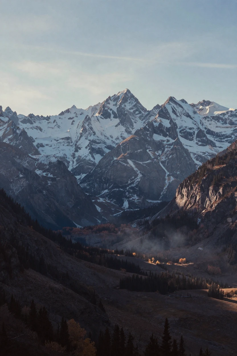 A jagged snow-capped mountain range rising above a quiet valley, in cool blue twilight, as heat shimmers over the ground, in the mild days of early autumn, in cool blues and silvery greys, at eye level, intimate and direct.