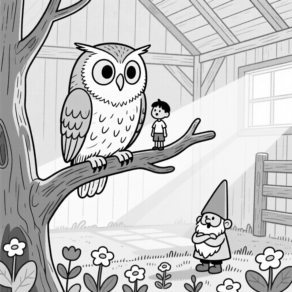 A wide-eyed owl perched crookedly on a branch, leaning its whole body weight against a tiny human, set in a sunlit barn stall. A garden gnome watches from the flower bed. It's an irresistibly charming slice of animal personality.