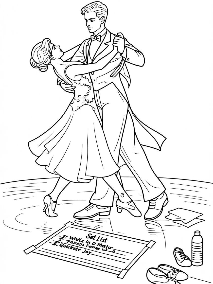 A pair of ballroom dancers gliding across a polished floor, with a set list taped to the floor nearby.