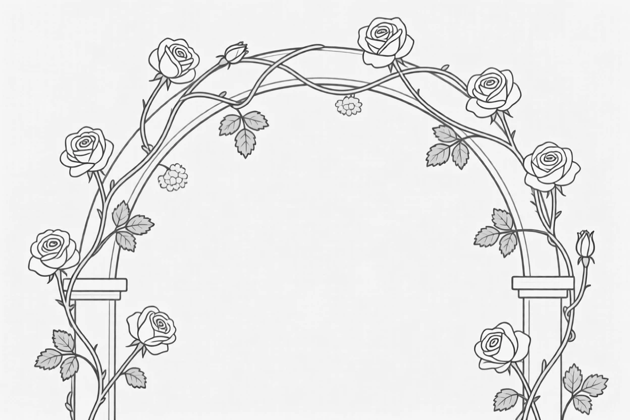 A trailing vine of climbing roses over a garden archway
