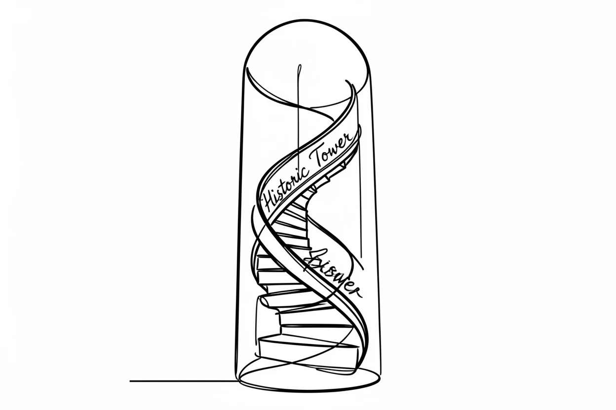 An elegant spiral staircase winding up inside a historic tower