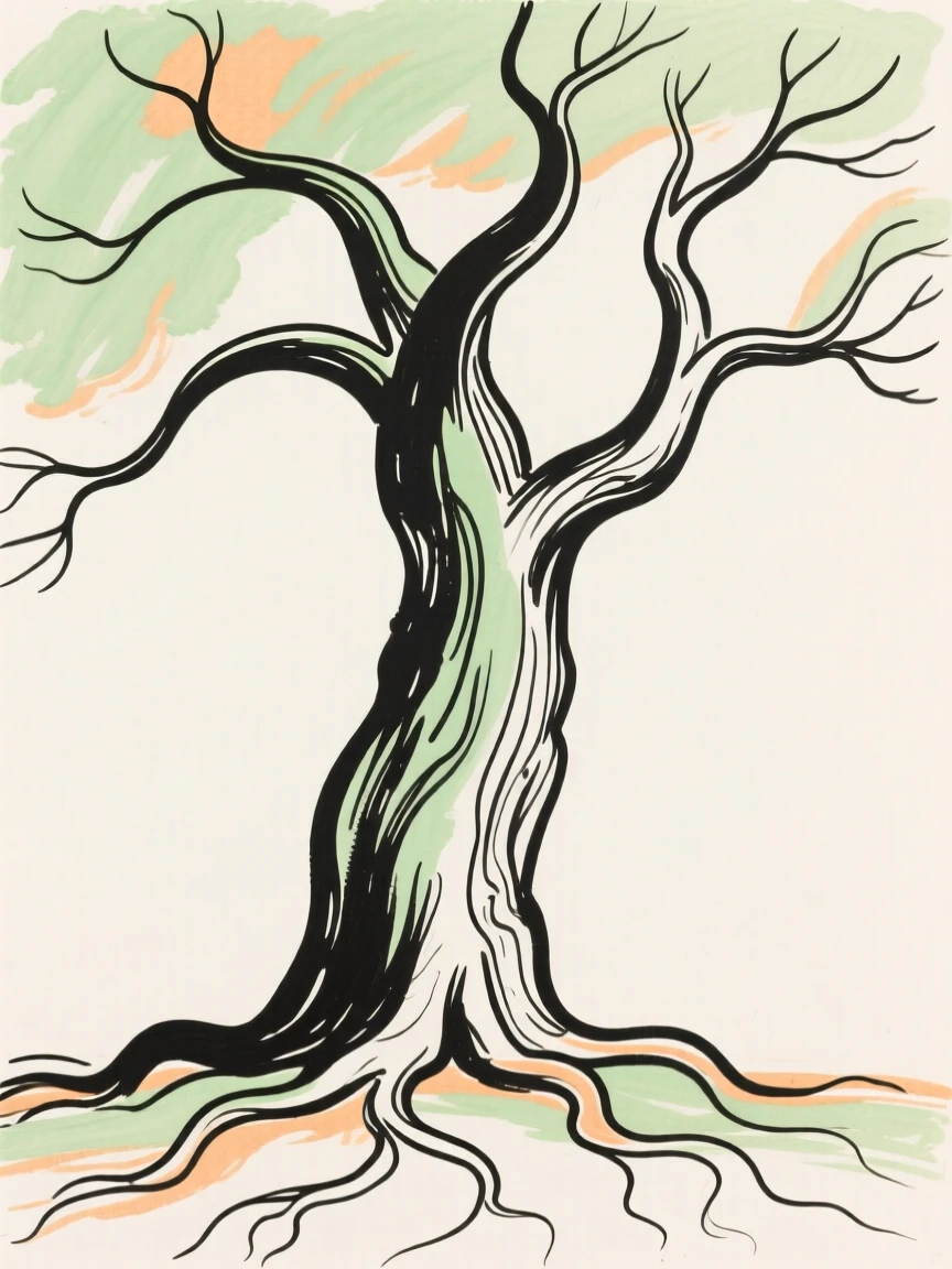 An ancient oak tree with sprawling roots