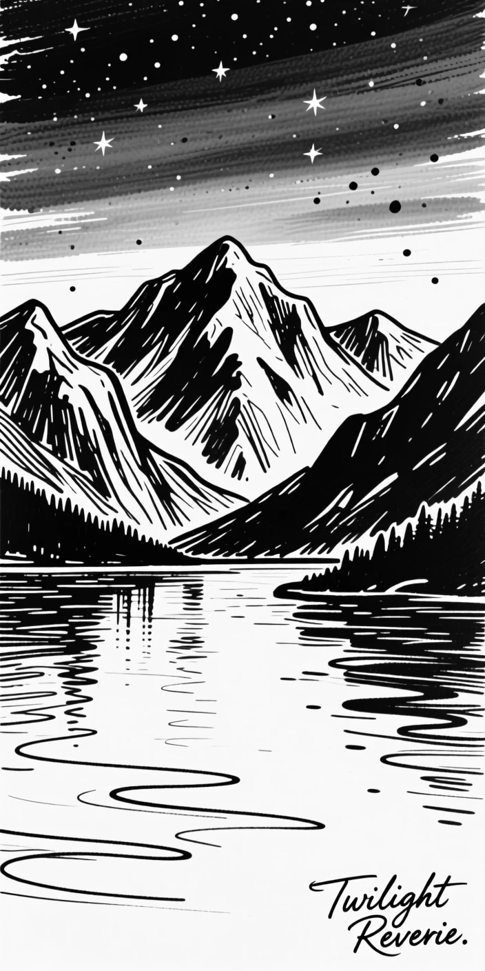 A dramatic mountain lake at twilight with the first stars appearing.