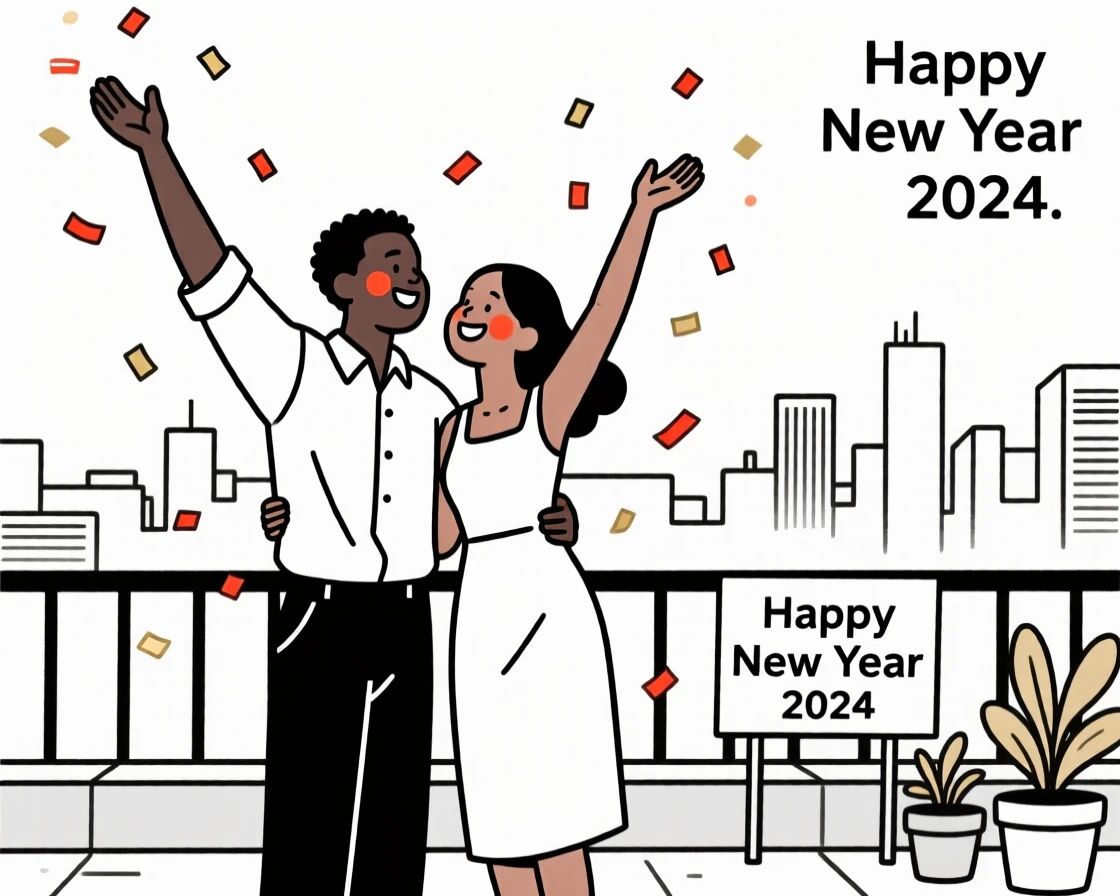 A young couple of Kenyan heritage throwing confetti at a New Year's party, on a rooftop overlooking the city.