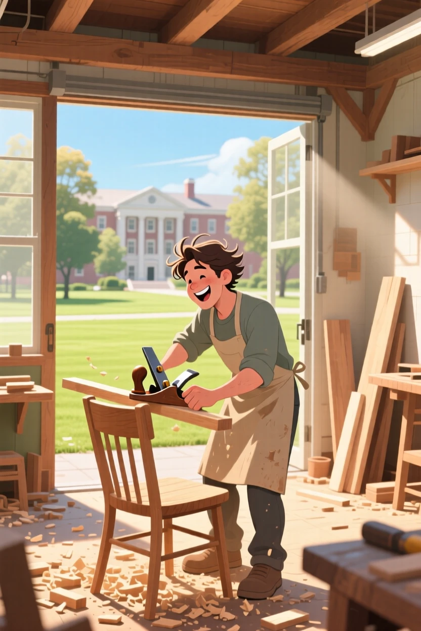 A carpenter crafting a wooden chair in a sunlit workshop, on a sunny university campus lawn, composed with soft depth of field drawing focus to the subject, with small joyful details like flying hair or bright laughter.