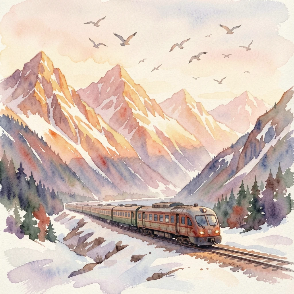 A train winding through snow-capped mountains during golden hour with birds circling overhead.