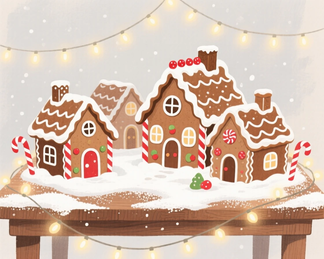 A gingerbread village sits on a table dusted with powdered sugar snow beside twinkling fairy lights