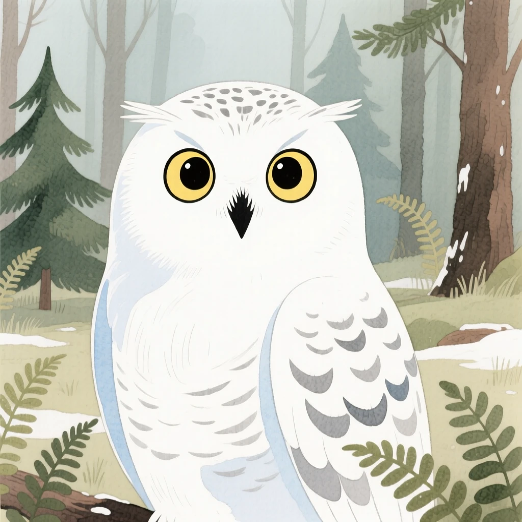 A close-up portrait of a snowy owl in a quiet forest clearing.