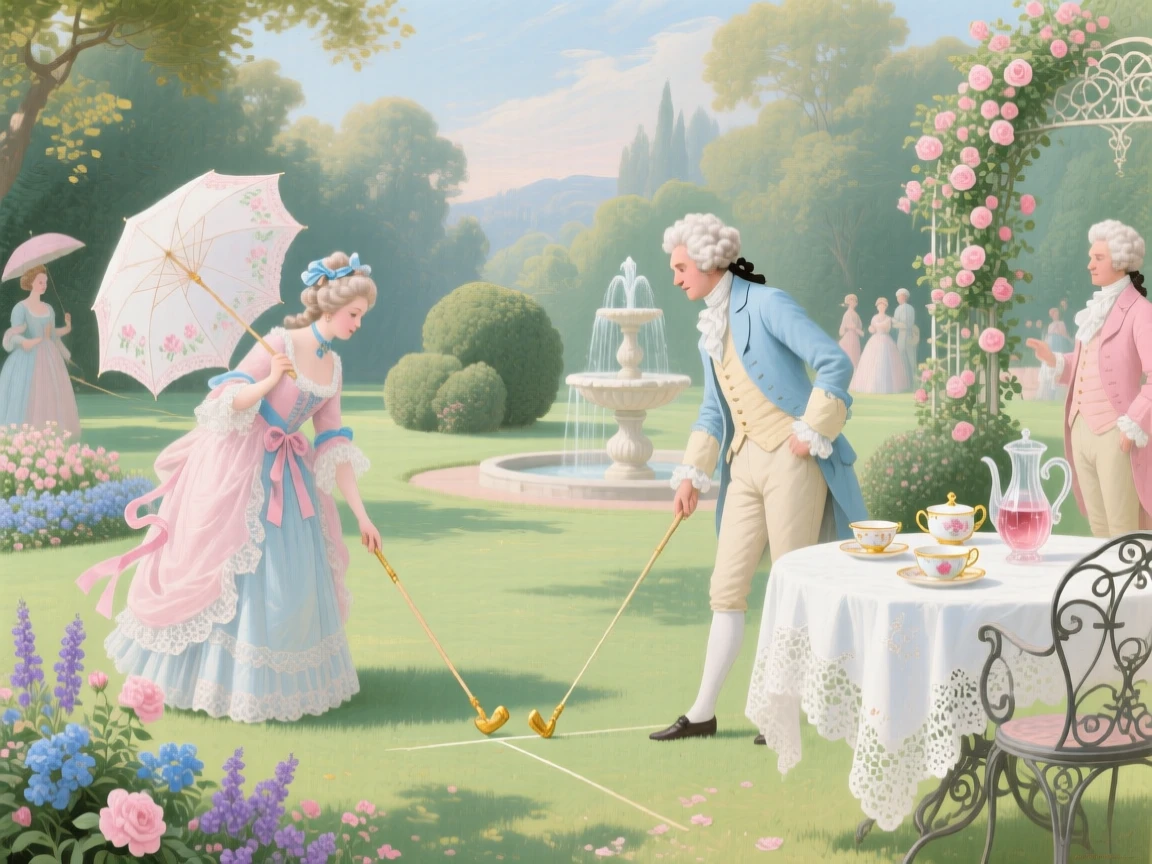 A summer lawn party with croquet, ribbons, and parasols  