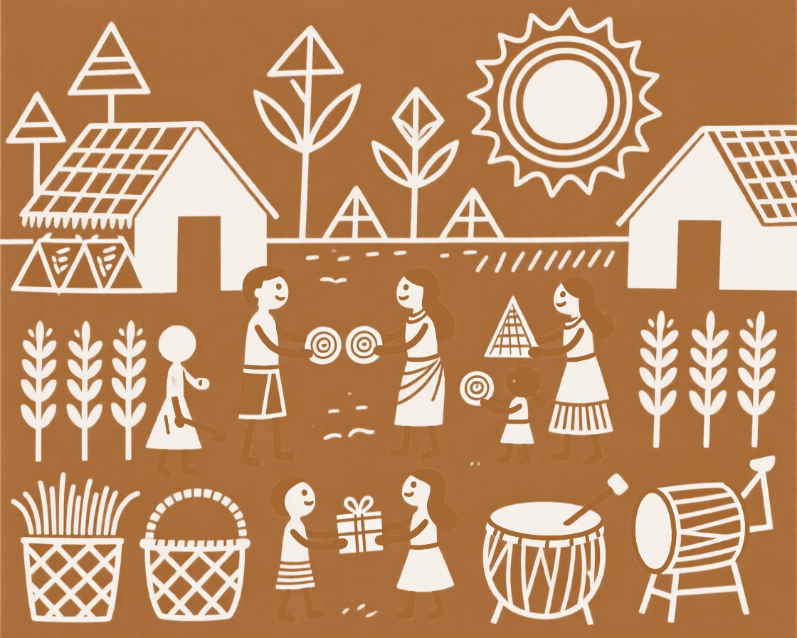 A harvest festival celebrated as villagers exchange sweets and gifts.