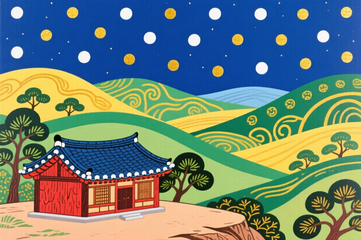 A tranquil valley with a single farmhouse seen from a quiet overlook, under a canopy of stars.