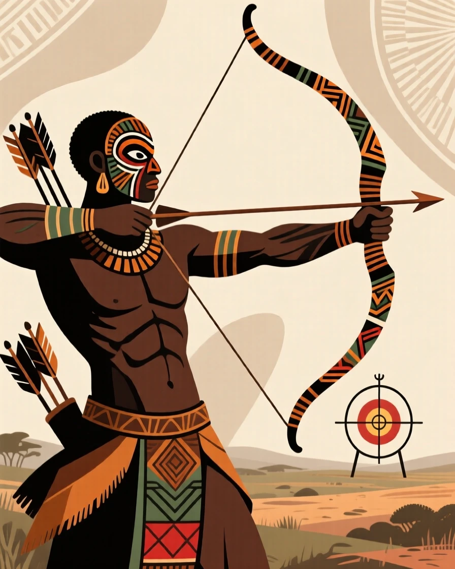 A hunter aiming a bow at a distant target.