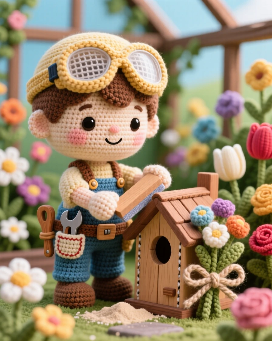 a small boy carpenter, with a tiny toolbelt and safety goggles, is captured sanding a small wooden birdhouse in a cheerful greenhouse filled with blooming flowers beside a bundle of fresh flowers tied with twine, radiating gentle pride in a job done with care.