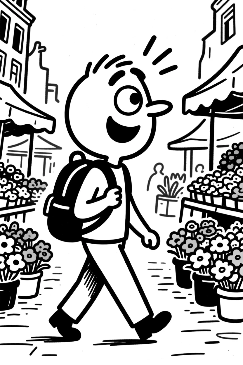 A backpacker walking through a vibrant flower market in Amsterdam.