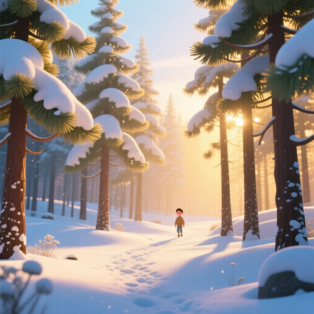 A snow-dusted pine forest glows as golden hour light bathes everything in warm color, with soft shadows stretching long across the ground. A deep sense of peace and quiet awe fills the scene.