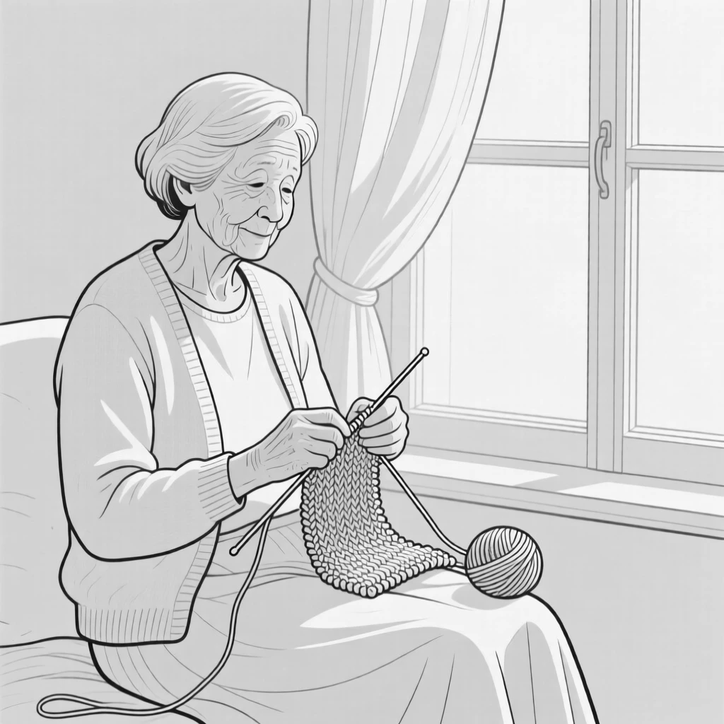 An elderly woman knitting by a window with soft afternoon light