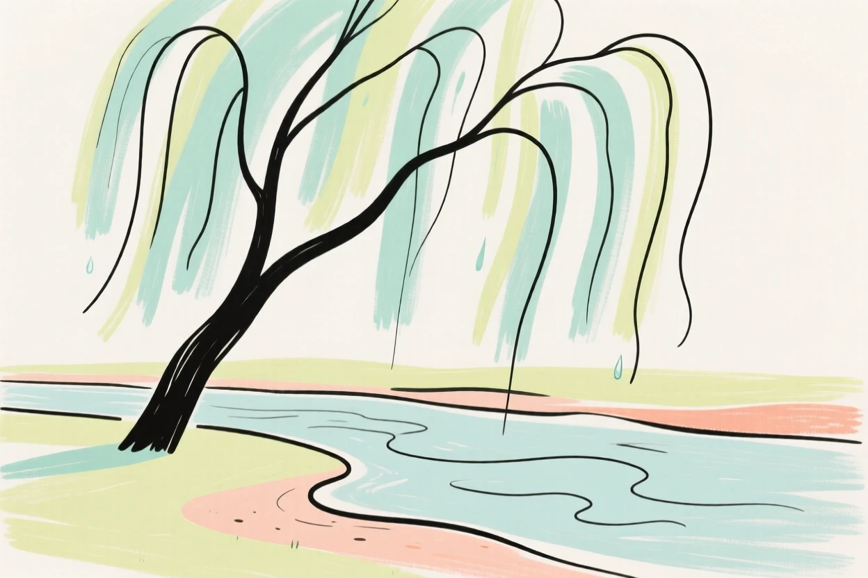 A weeping willow by a riverbank