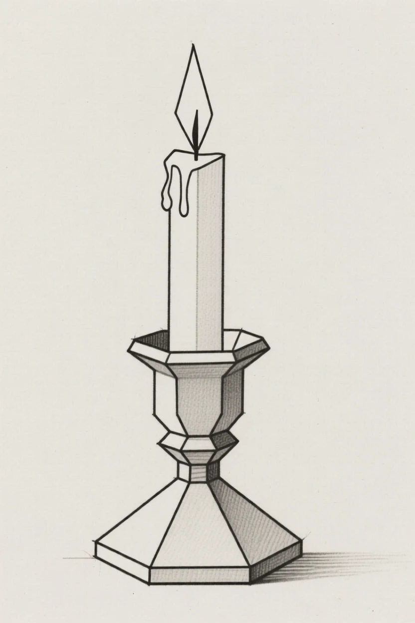 An antique candle holder with a lit taper candle