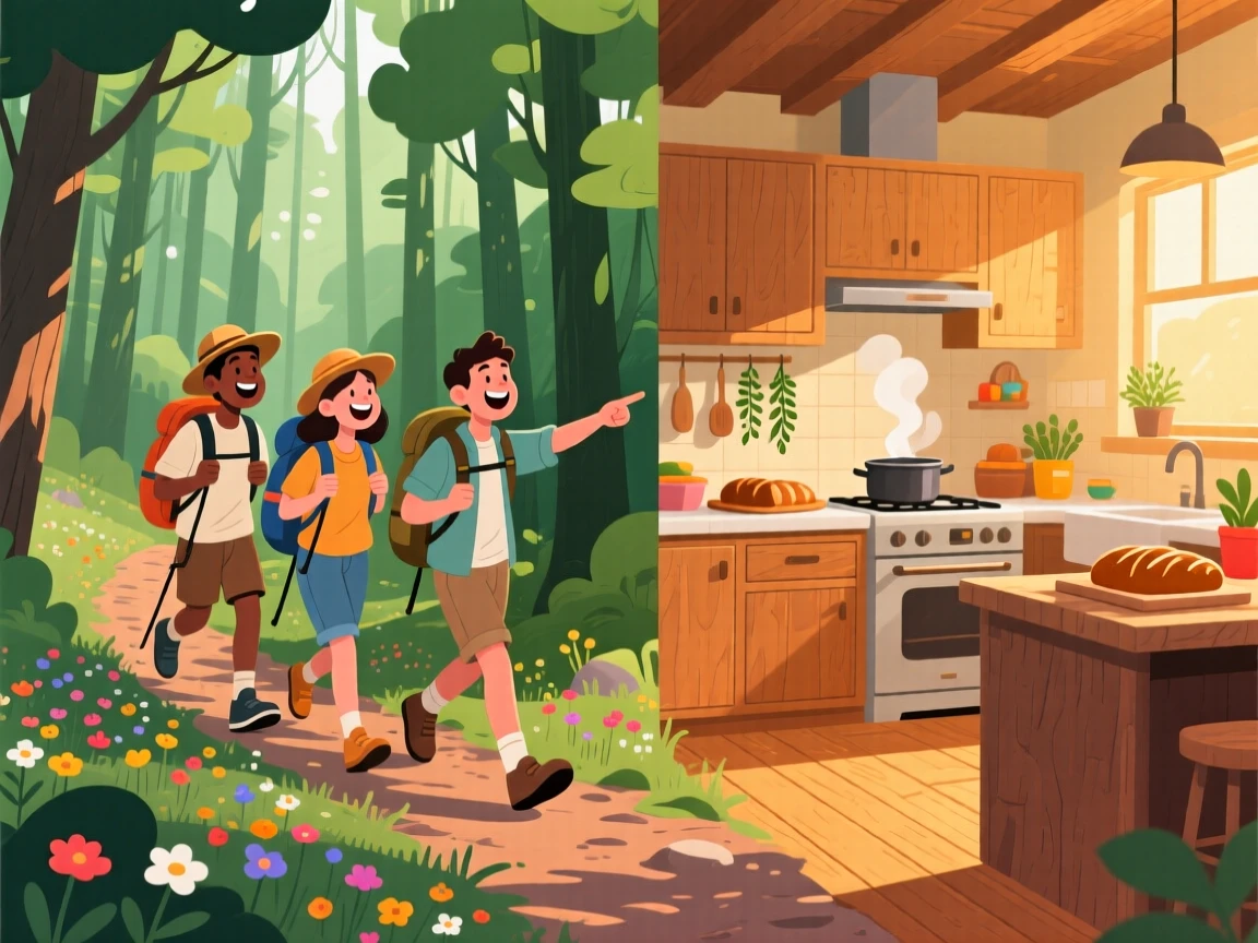 A group of friends hiking together through a scenic forest trail, in a warm, inviting kitchen filled with the smell of fresh food, captured mid-laugh with authentic energy, with a sense of warmth and togetherness in every detail.