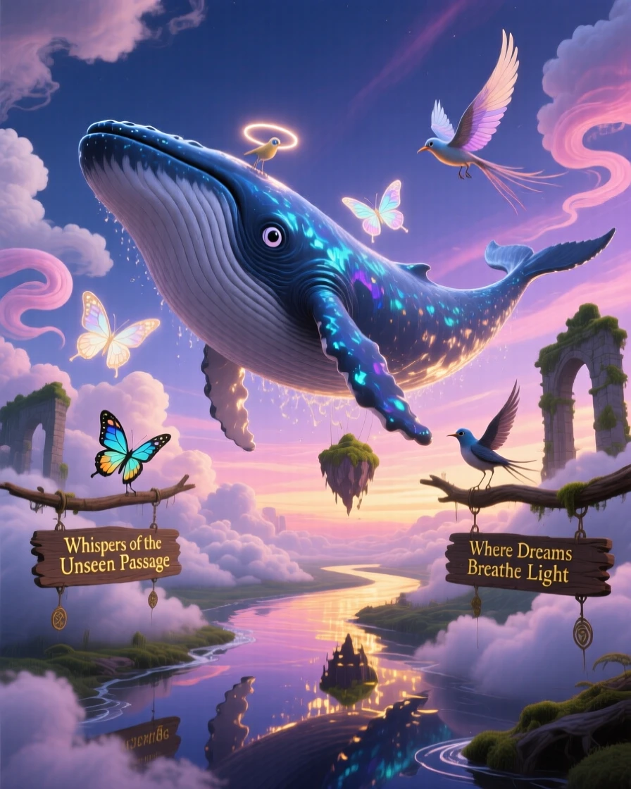 A whale breaching gracefully through a sky full of soft clouds drifts silently beneath a sky painted in soft twilight colors, as small creatures pause to watch it pass by in silence.