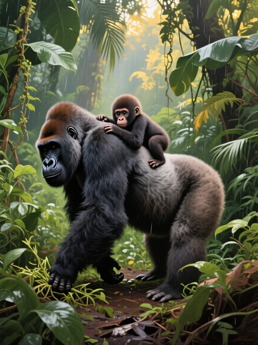 A mountain gorilla family forages in the dense Rwandan rainforest, a young gorilla clinging to its mother's back as she moves through thick green foliage, the scene suggesting a fleeting, candid moment rather than a posed encounter.