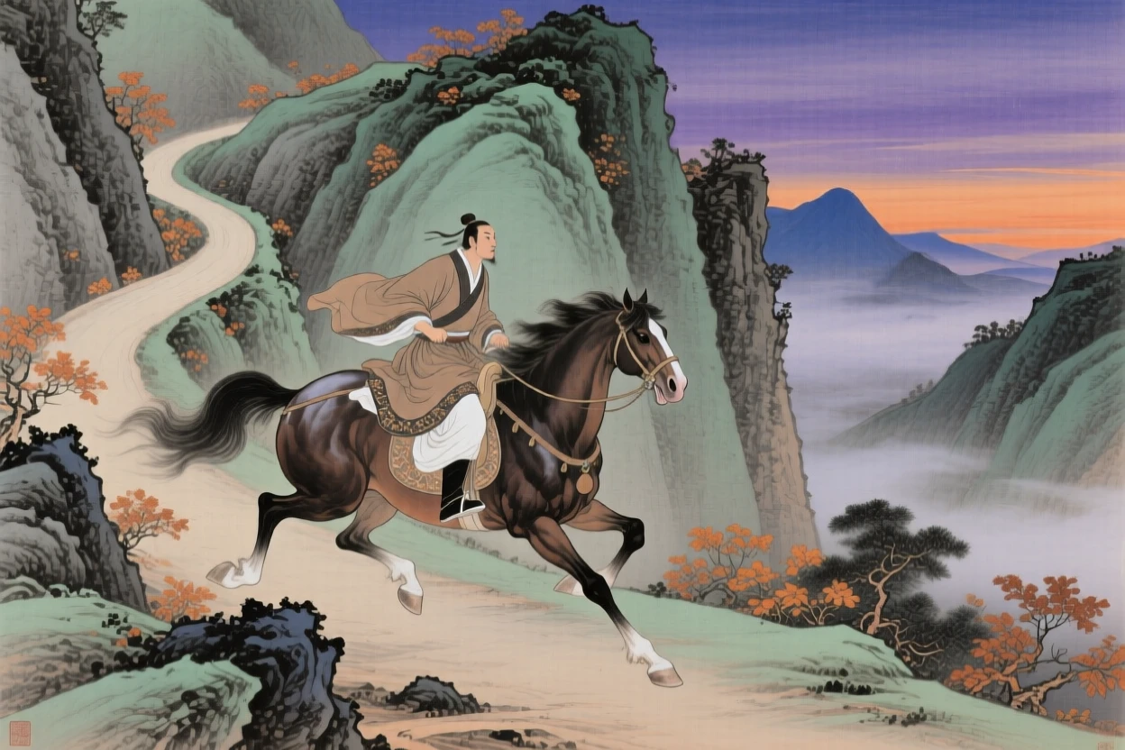 A messenger on horseback racing along a mountain road at dusk, as the last light of day fades over the horizon
