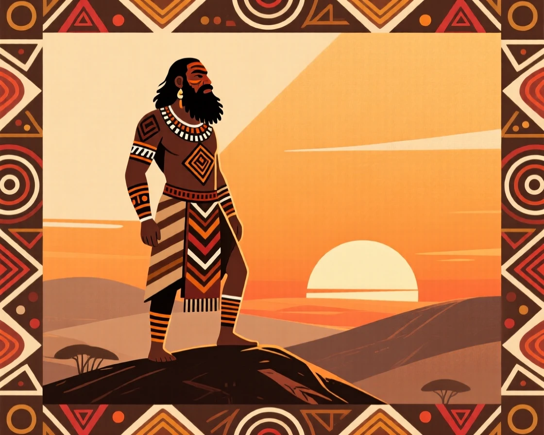 A bearded village chief watching the sunset from a hilltop.
