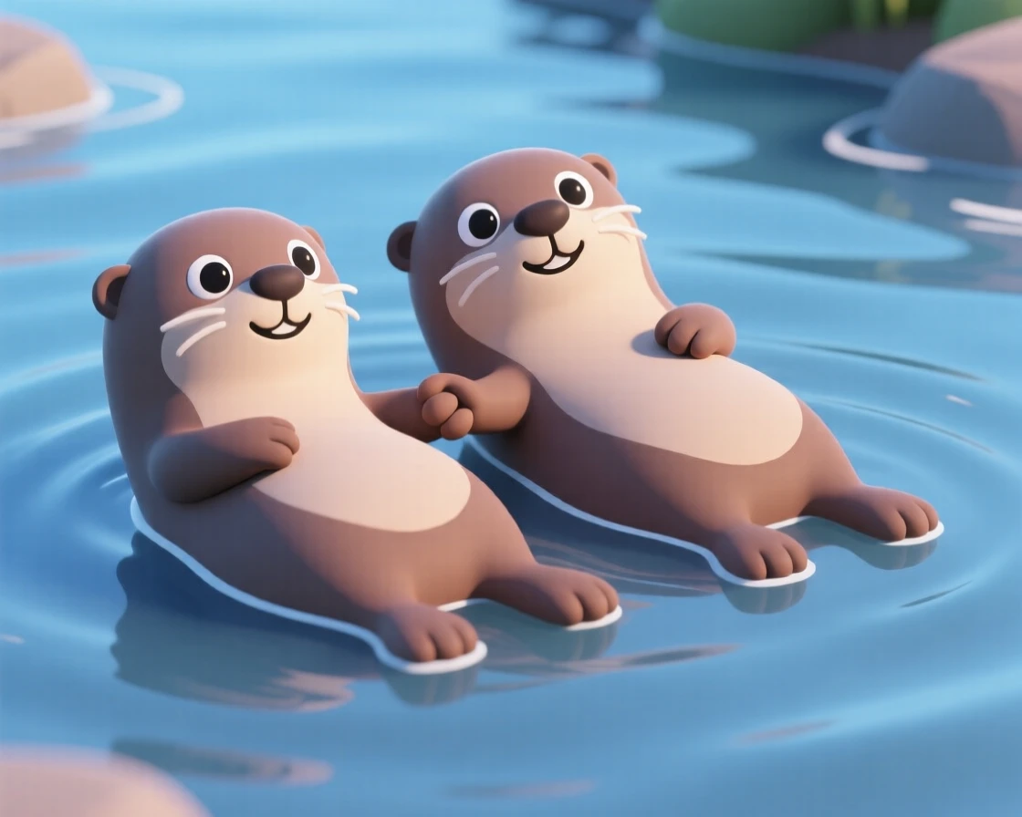A pair of playful otters float on their backs in a calm river, holding paws so they don't drift apart.