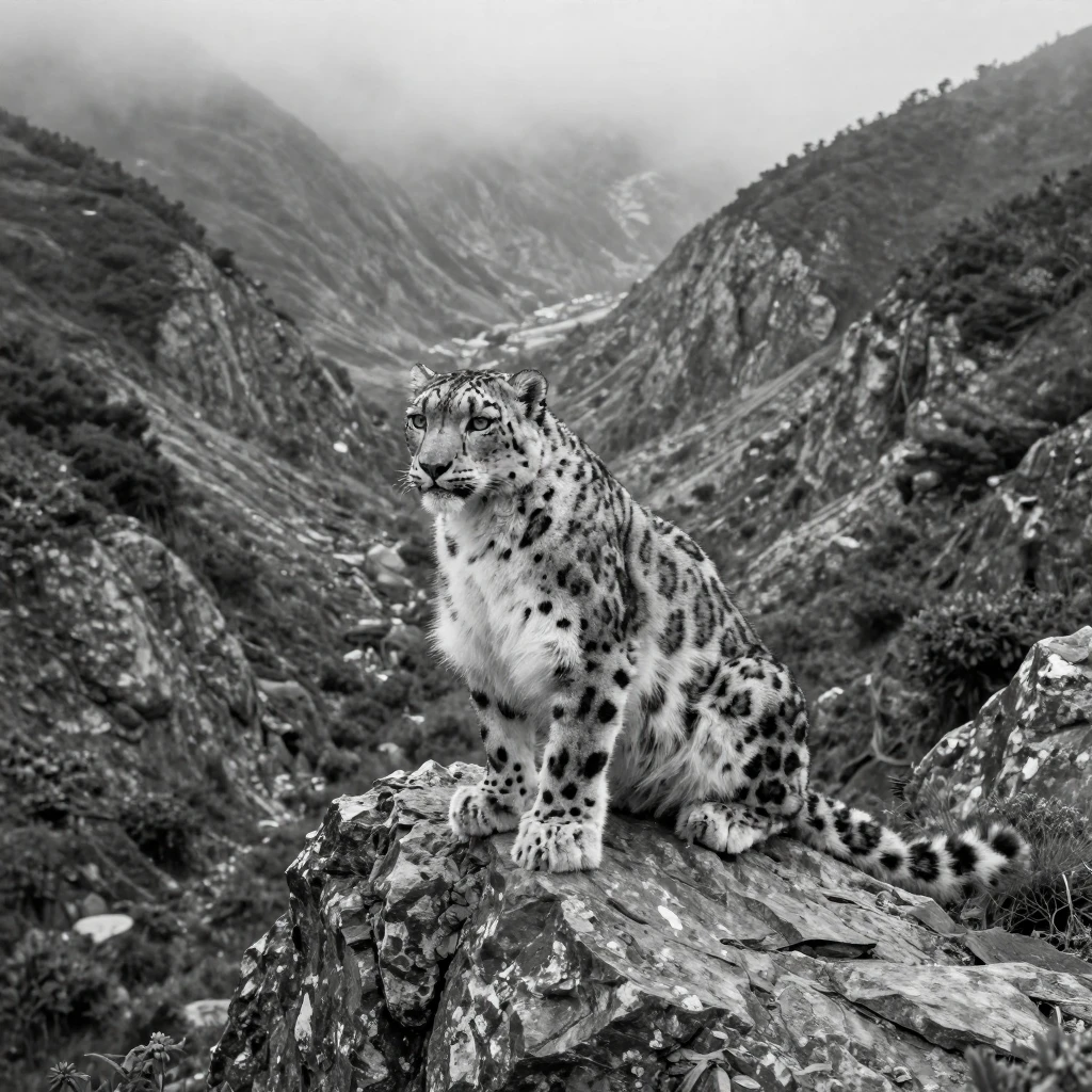 A snow leopard perches on a rocky ledge overlooking a valley across a rugged mountain valley.
