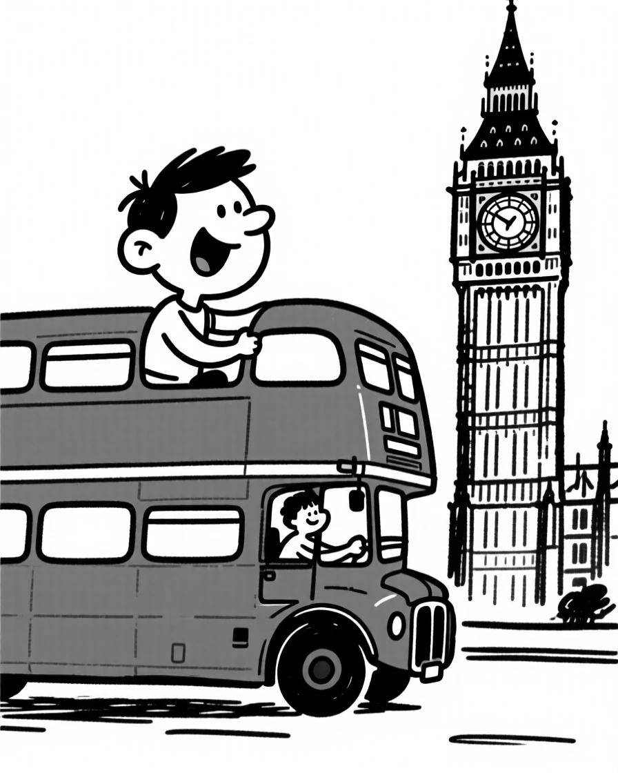 A tourist riding a red double-decker bus past Big Ben in London.