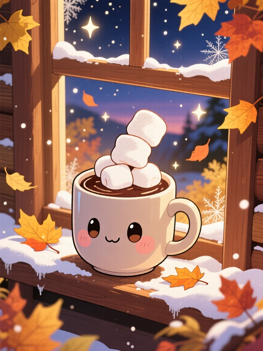 In a snowy cabin windowsill, a cozy mug of hot chocolate is wearing a marshmallow hat during golden autumn harvest season, bathed in sparkling starlight, expression full of peaceful calm. Shot as a framed through a window.