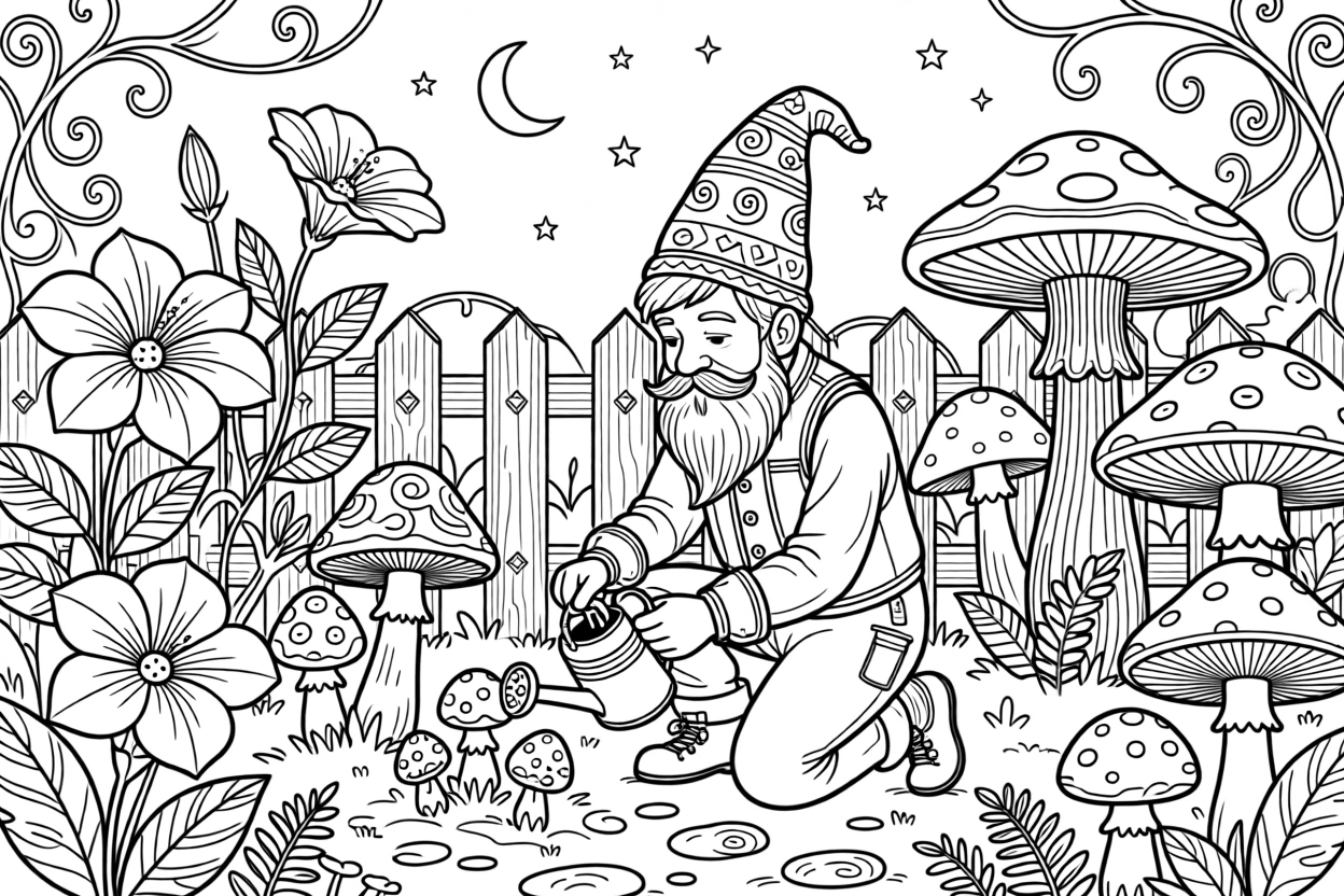 A gnome tending a garden of glowing mushrooms and moonflowers.