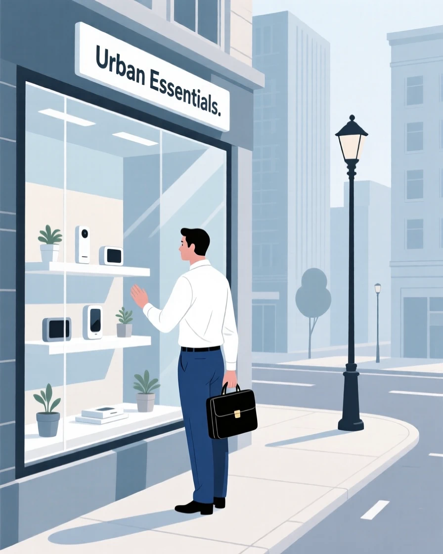 An office worker window shopping on a quiet weekday morning in the city.