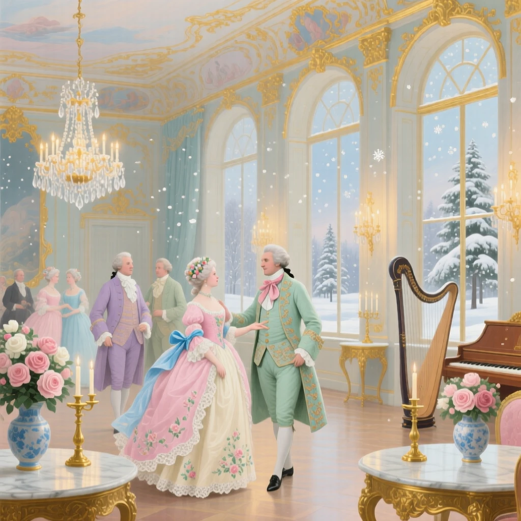 A winter ballroom where snowflakes swirl beyond tall windows  