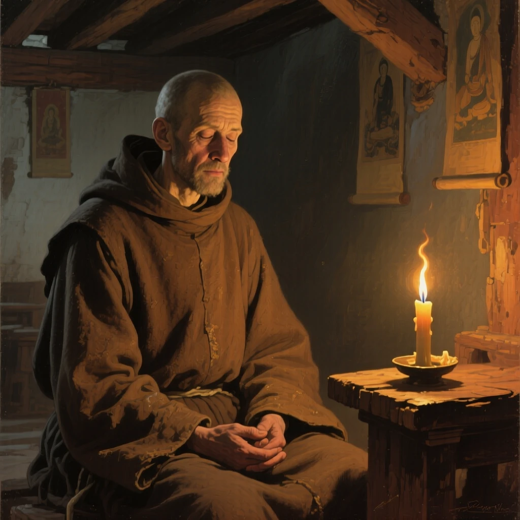 A monk in quiet meditation beneath the glow of temple candlelight, framed closely to draw focus to their heartfelt expression, capturing a universal, deeply human moment of emotion