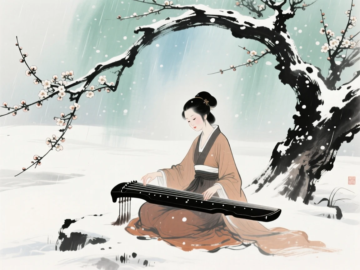 A woman playing a guqin beneath a blossoming plum tree, in a gentle drizzle, filled with tranquil stillness, under the first snow of winter.
