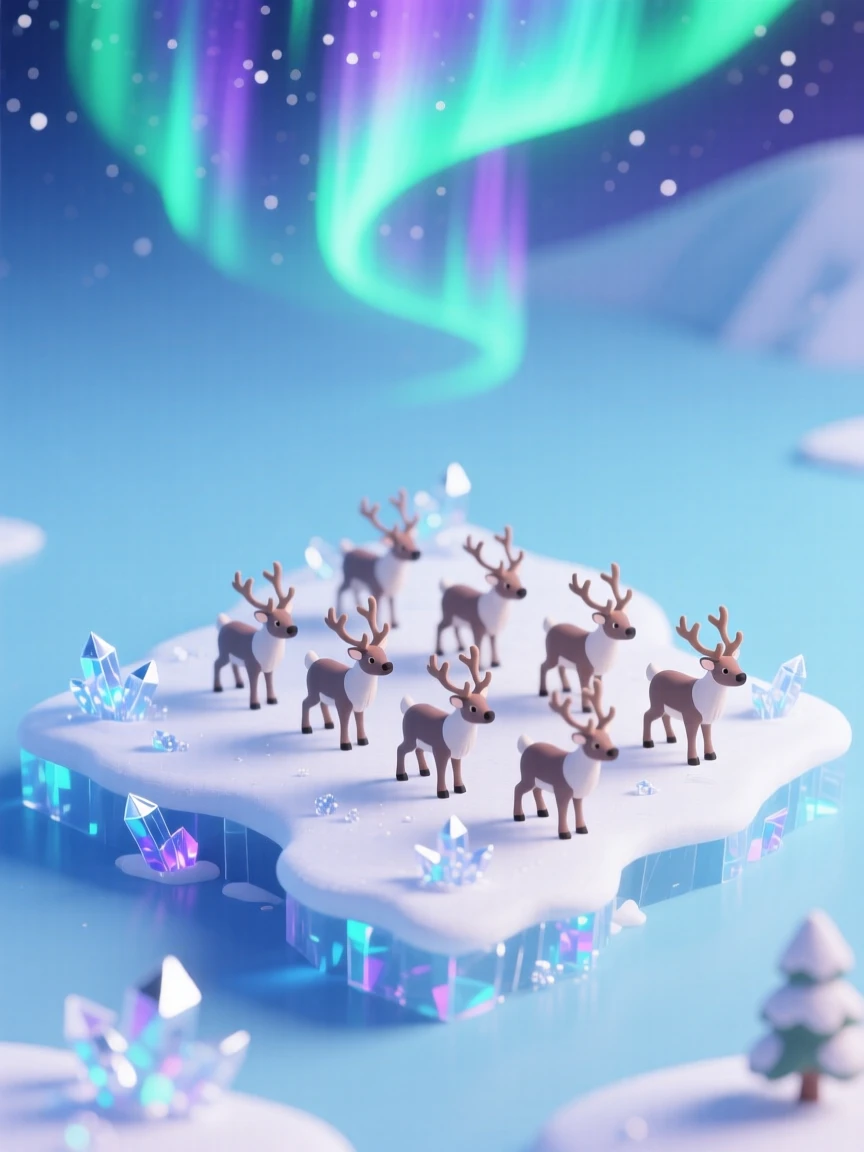 A frozen tundra landscape with the northern lights swirling overhead, a herd of caribou trekking across the snow, and ice crystals glittering underfoot.