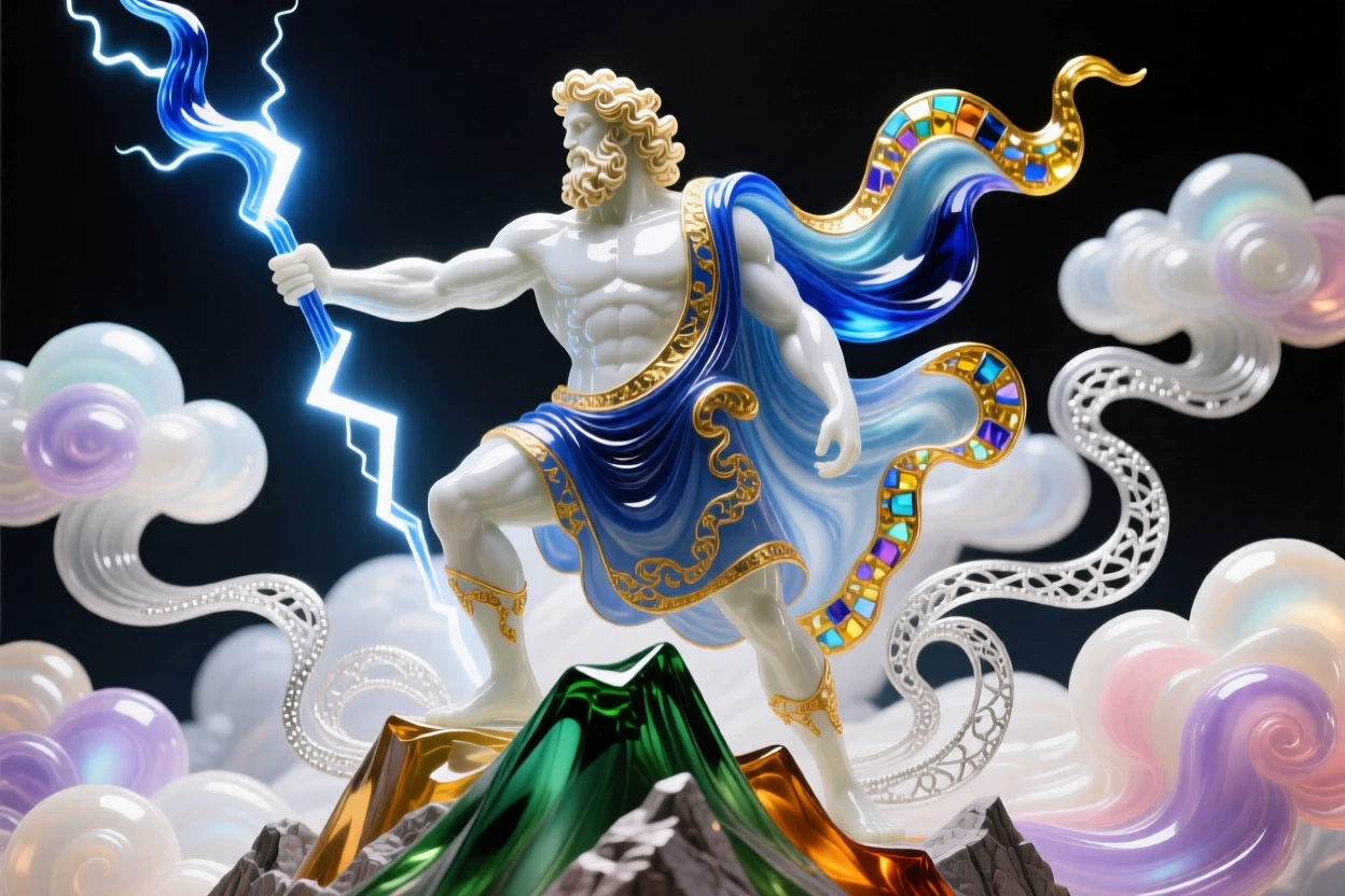 A mighty Zeus hurling a lightning bolt from atop Mount Olympus amid swirling clouds, powerful and commanding.