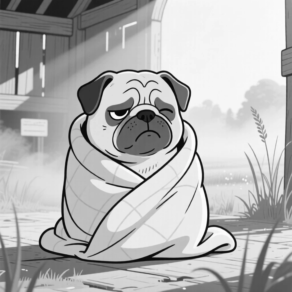 A grumpy-looking pug wrapped in a blanket burrito, blinking slowly in mock wisdom, set in a sunlit barn stall. Morning mist clings to the grass. There's something deeply endearing about the little chaos.