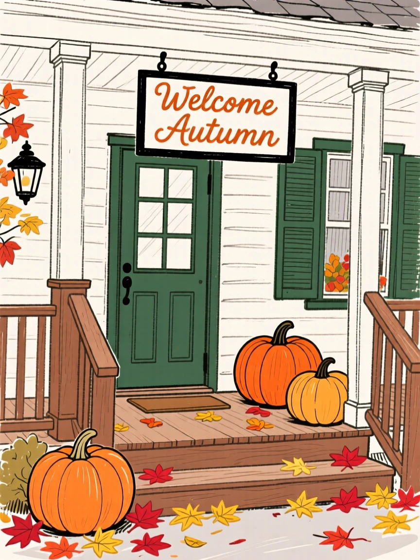 A cottage porch decorated with pumpkins for autumn.