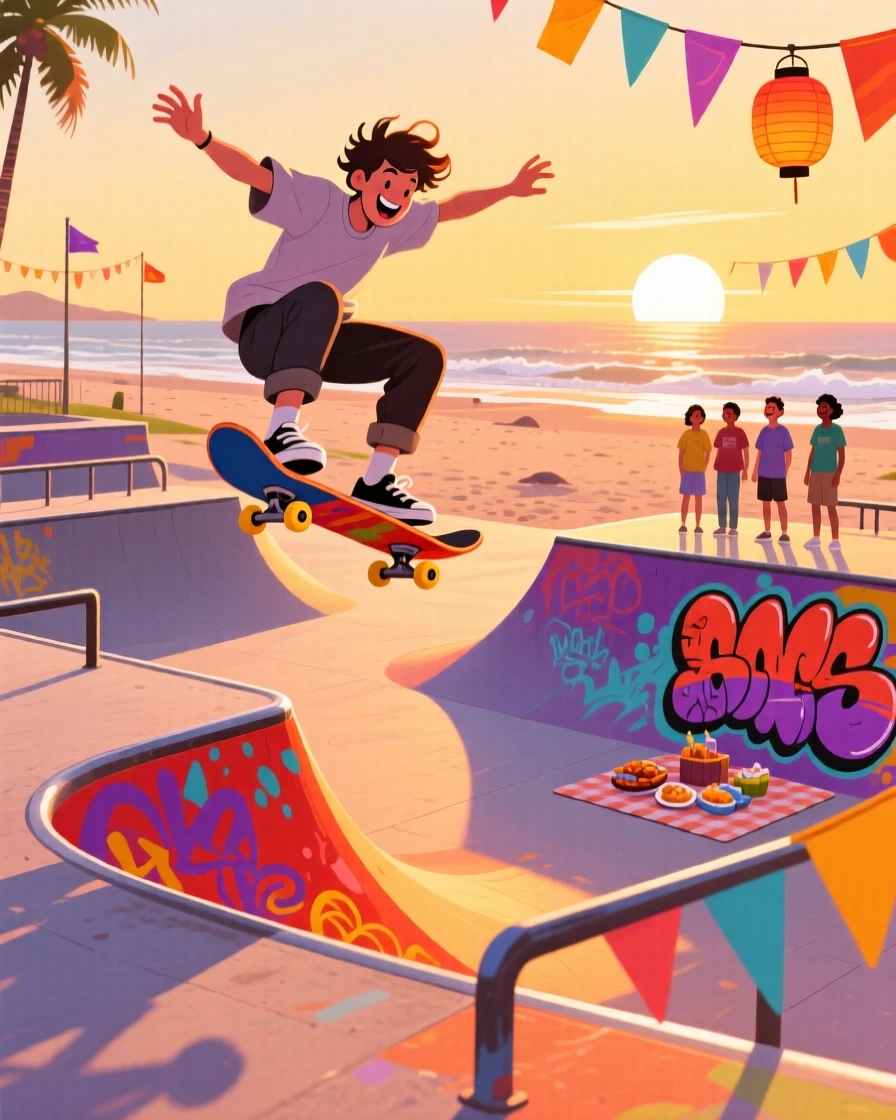 A skateboarder performing a trick at a colorful skate park, on a quiet beach at golden hour, captured in a candid, joyful moment, with a sense of warmth and togetherness in every detail.