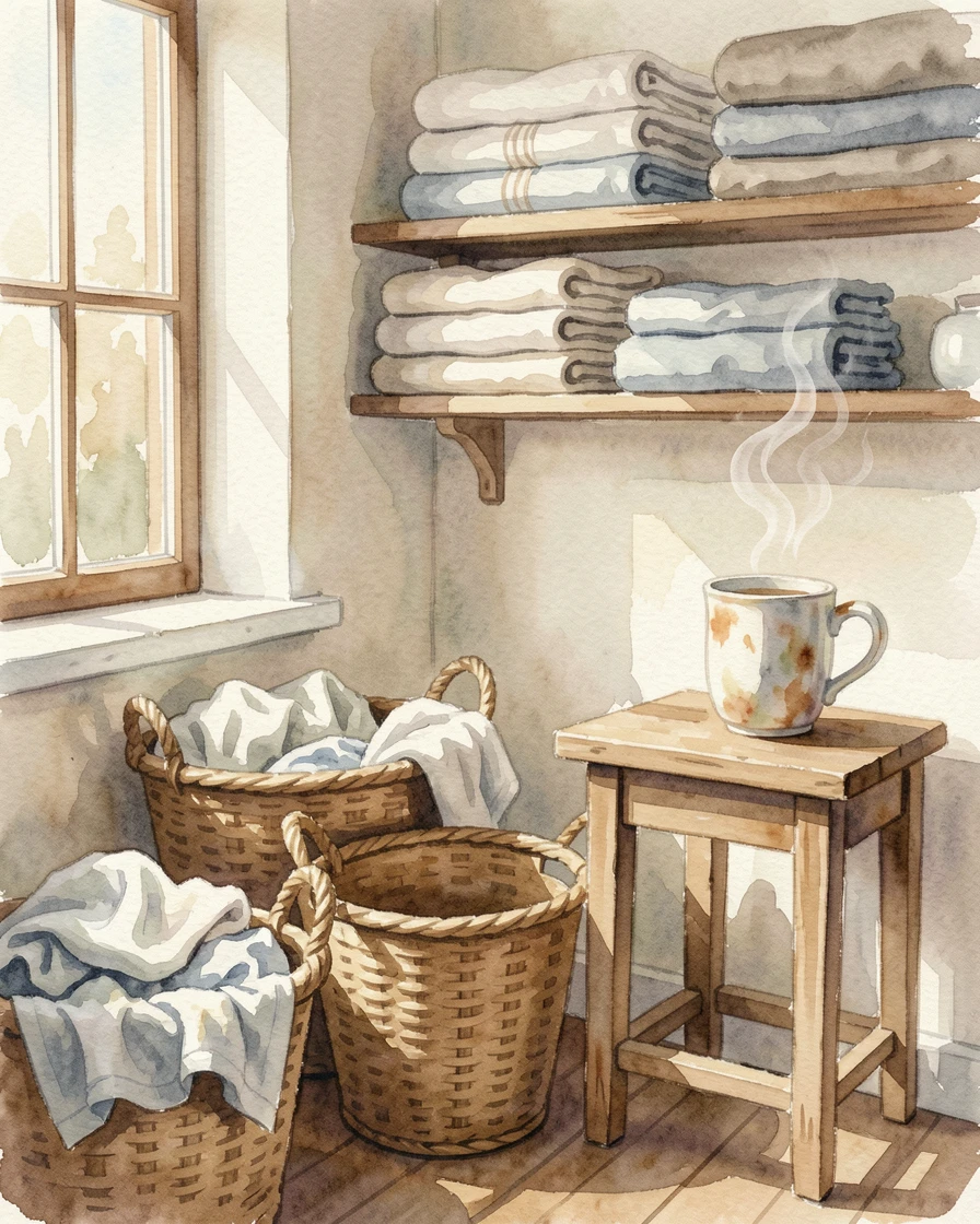 A laundry room with baskets and folded linens with a steaming mug on a side table.