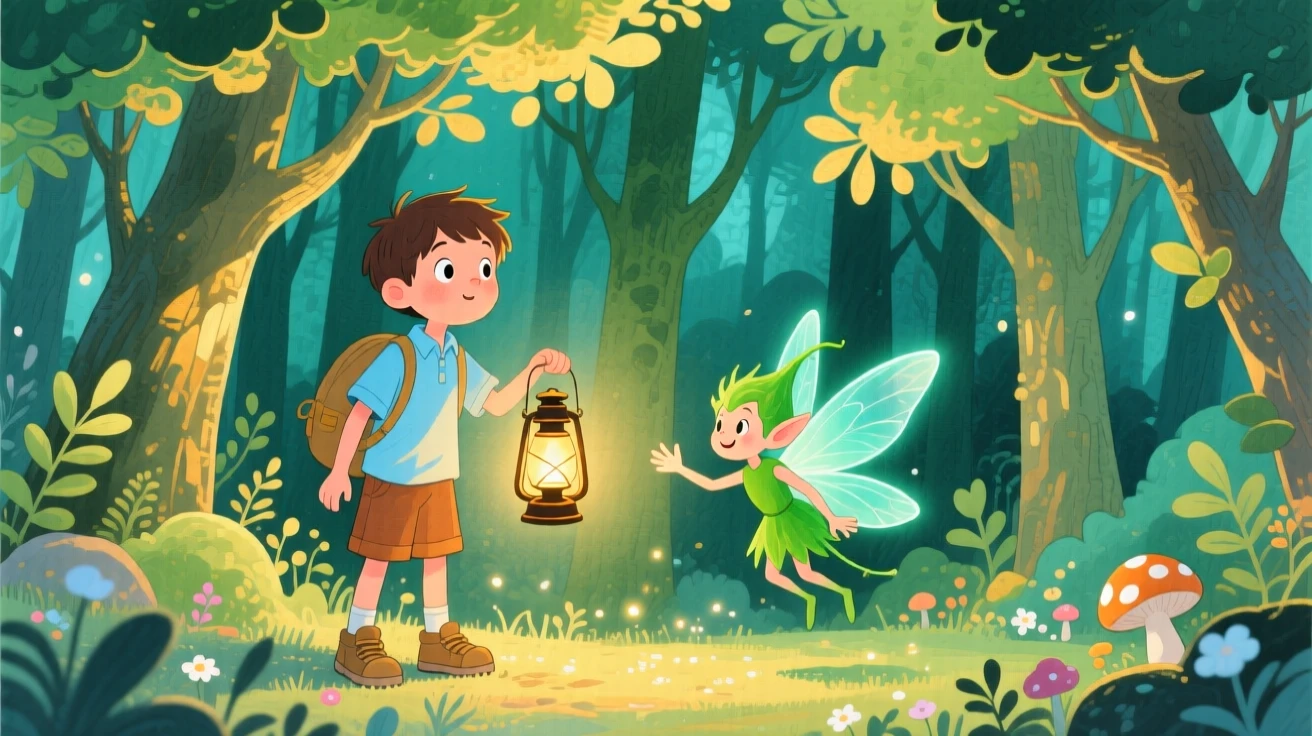 A boy carrying a lantern discovering an enchanted forest for the first time, greeted by a mischievous forest sprite.