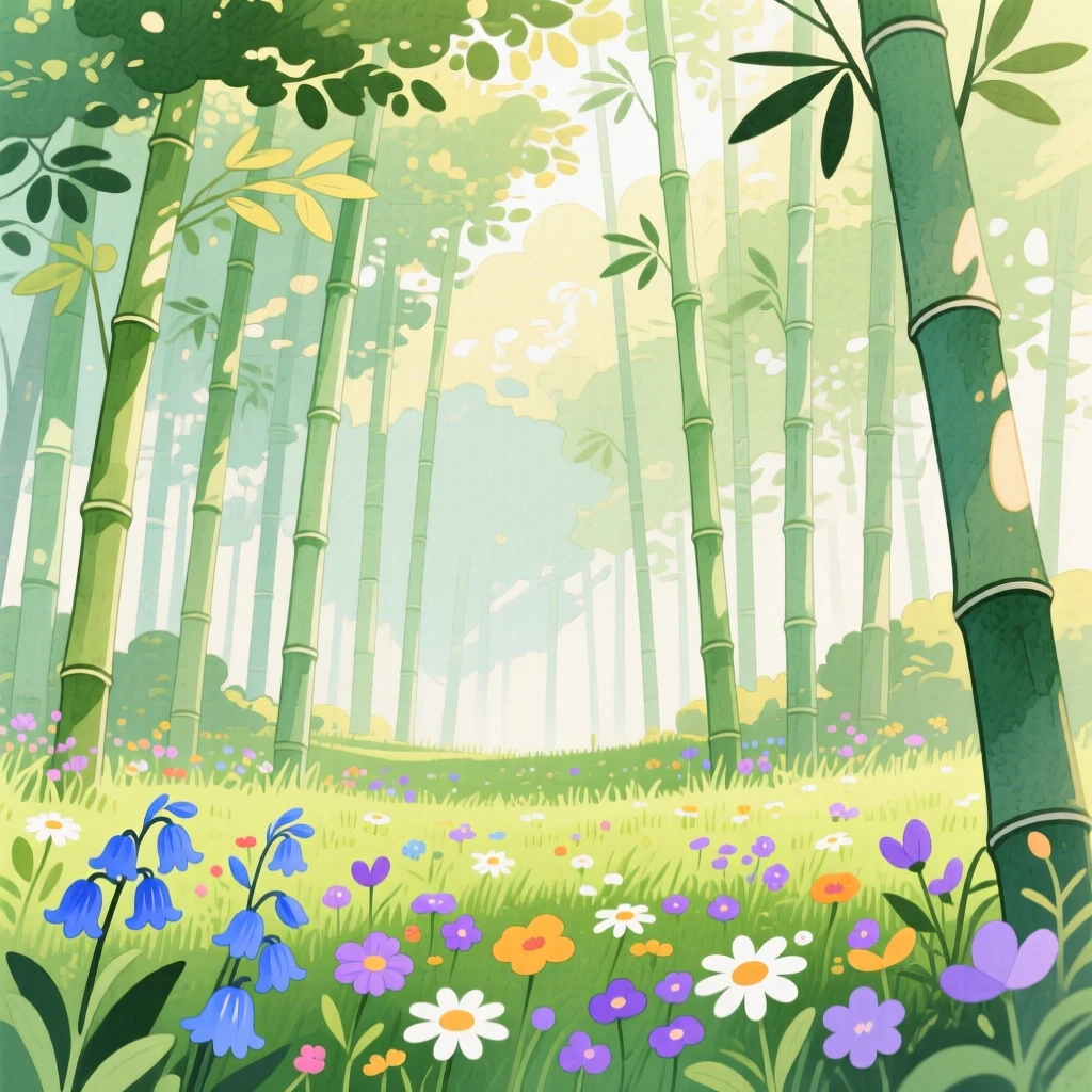 A quiet bamboo forest with light filtering through the stalks, with wildflowers scattered across the foreground, capturing the breathtaking beauty of untouched nature.