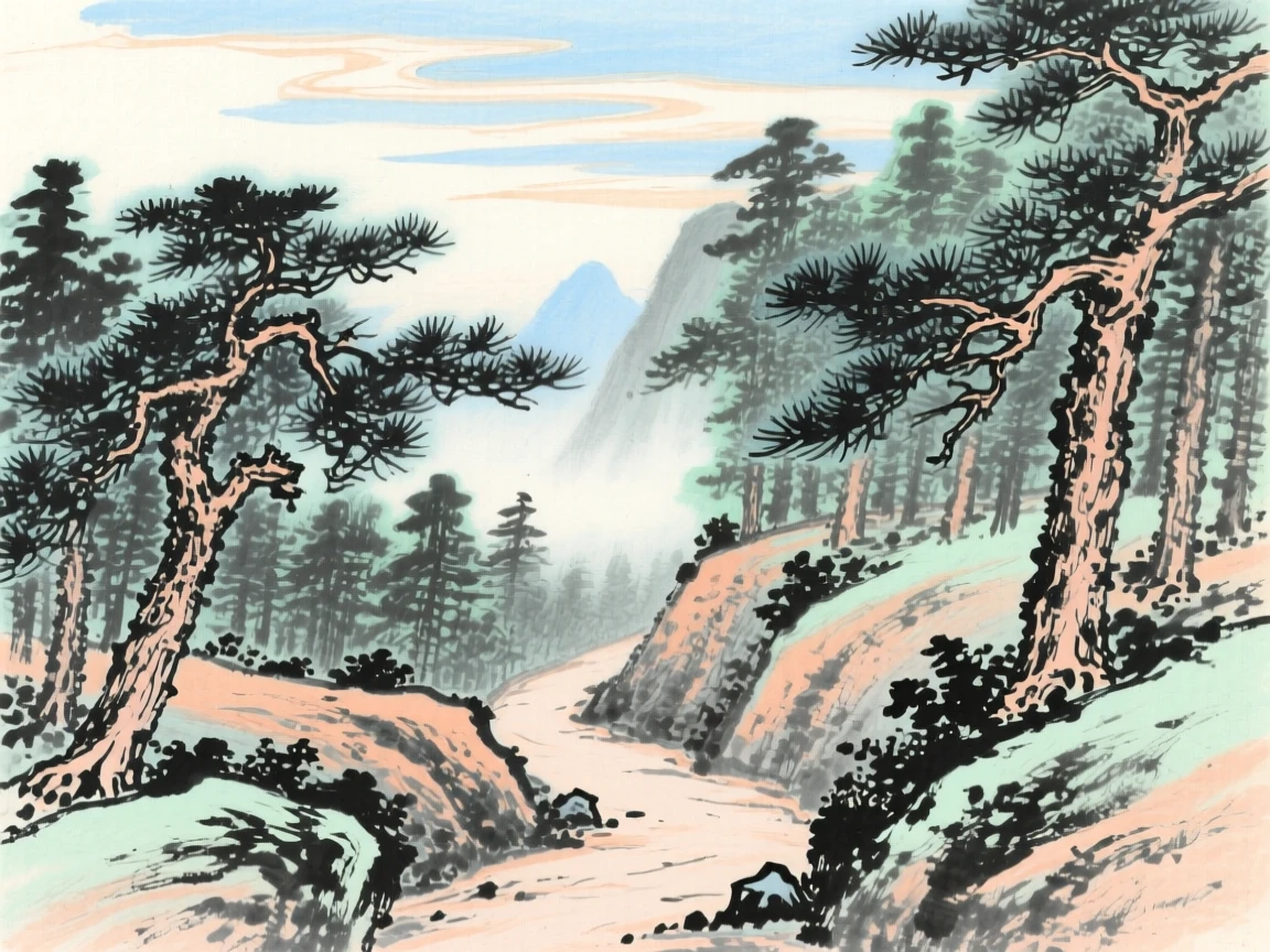A narrow mountain path winding through pine forest, in the soft light of late afternoon, under a sky streaked with clouds, suffused with quiet joy.