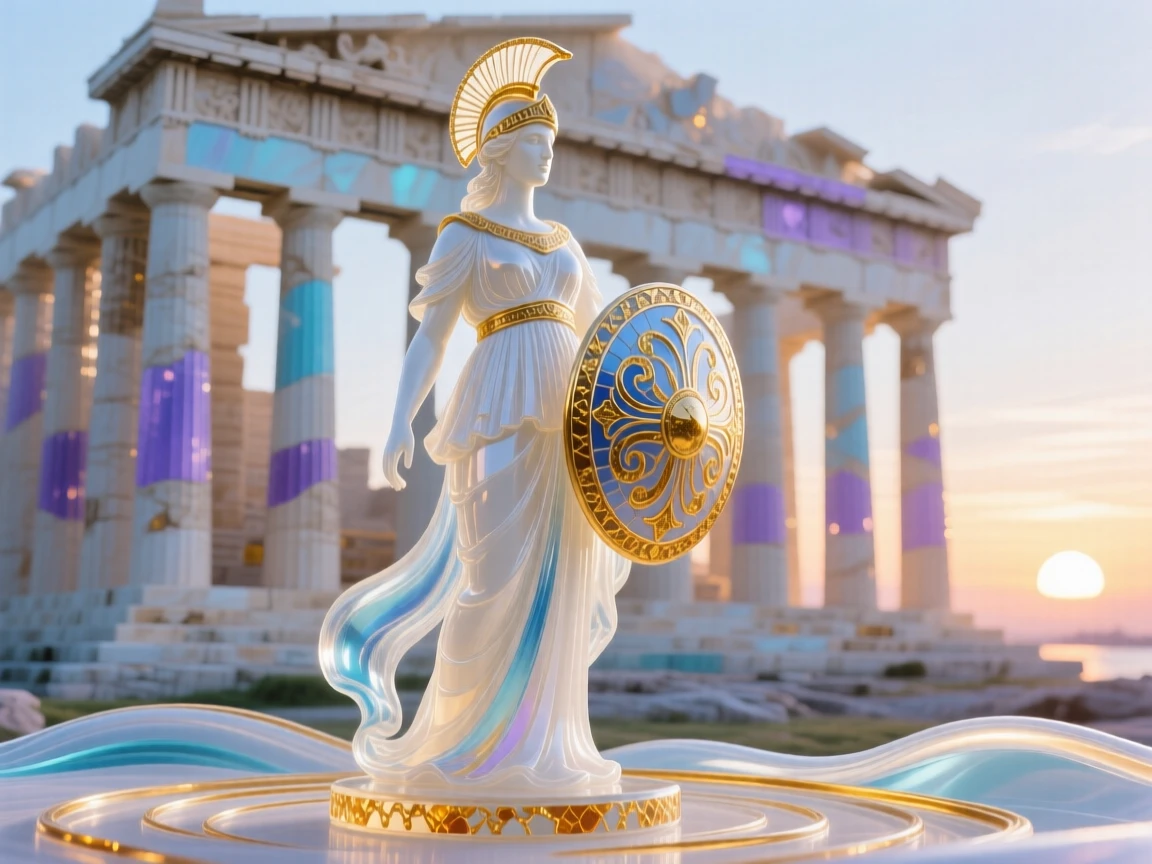 Athena standing wise and resolute before the Parthenon at dawn, noble and serene.