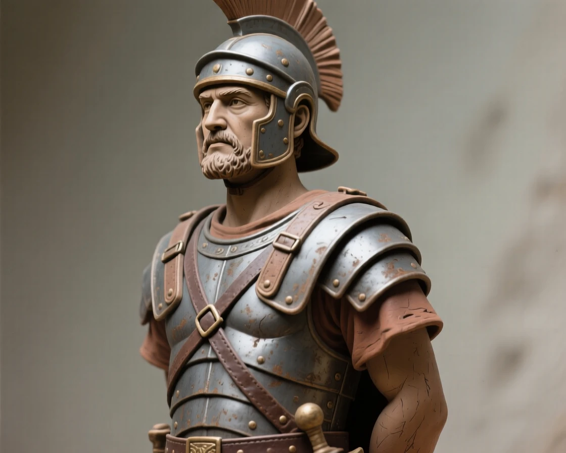A Roman centurion standing at attention captured mid-ceremony with solemn dignity, with weathered features telling silent stories, capturing the weight of history in a single gaze.